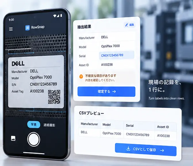 RowSnapのラベル撮影、抽出結果、CSVプレビュー画面