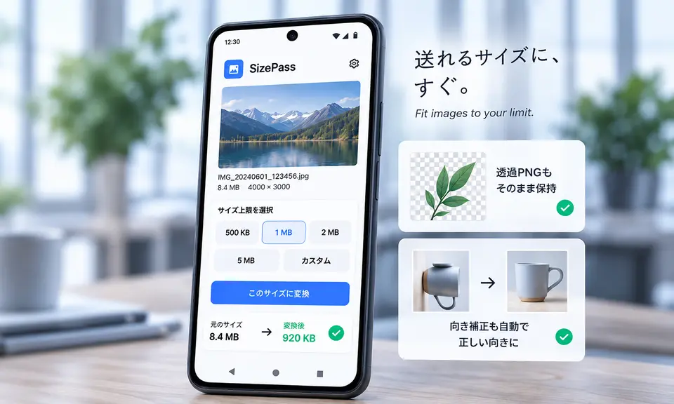 SizePassの画像容量調整画面を表示したAndroidスマートフォン